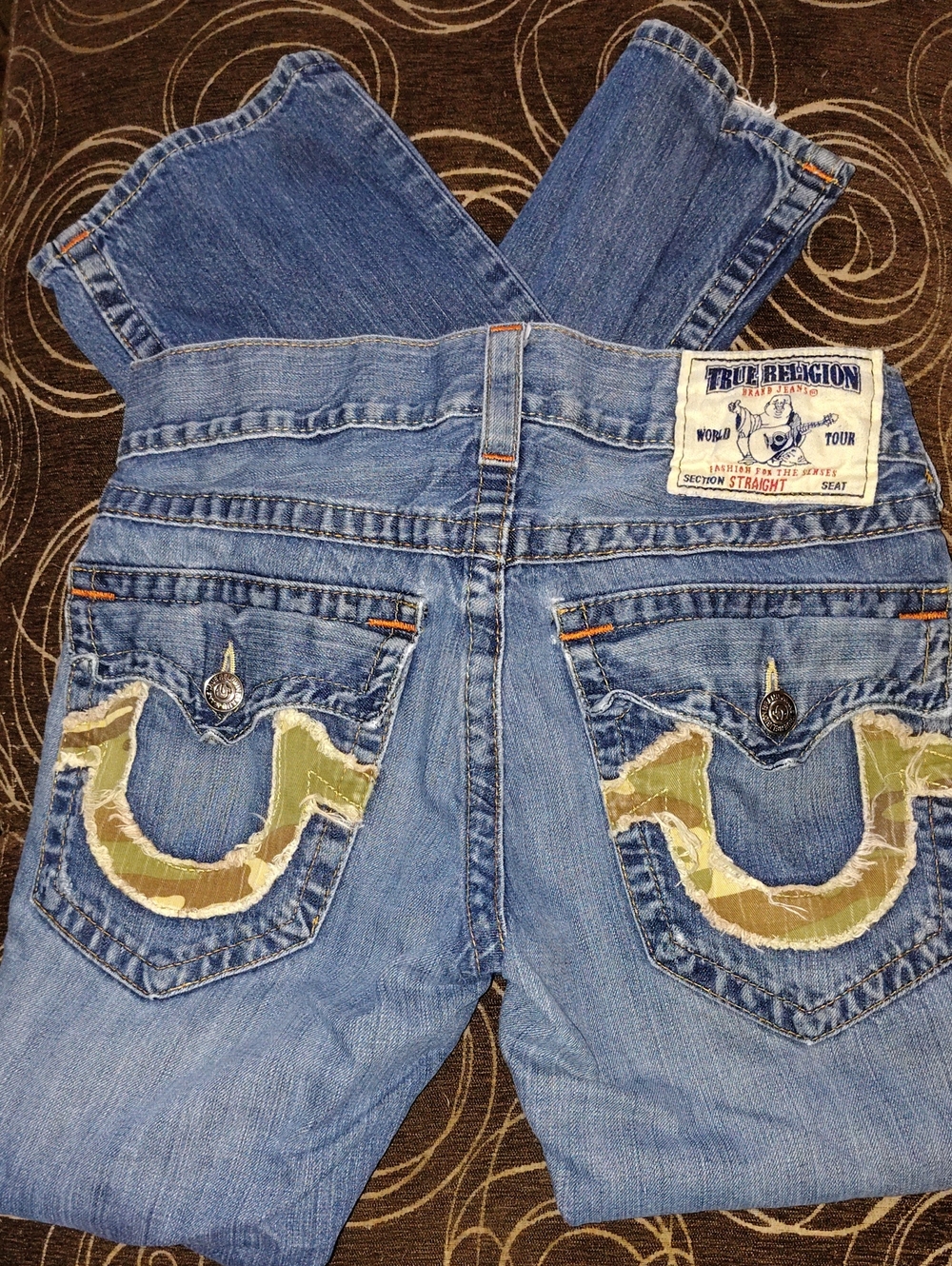 Chief Keef True Religion Camo Pocket Patches Distressed Light Blue Strip Jeans